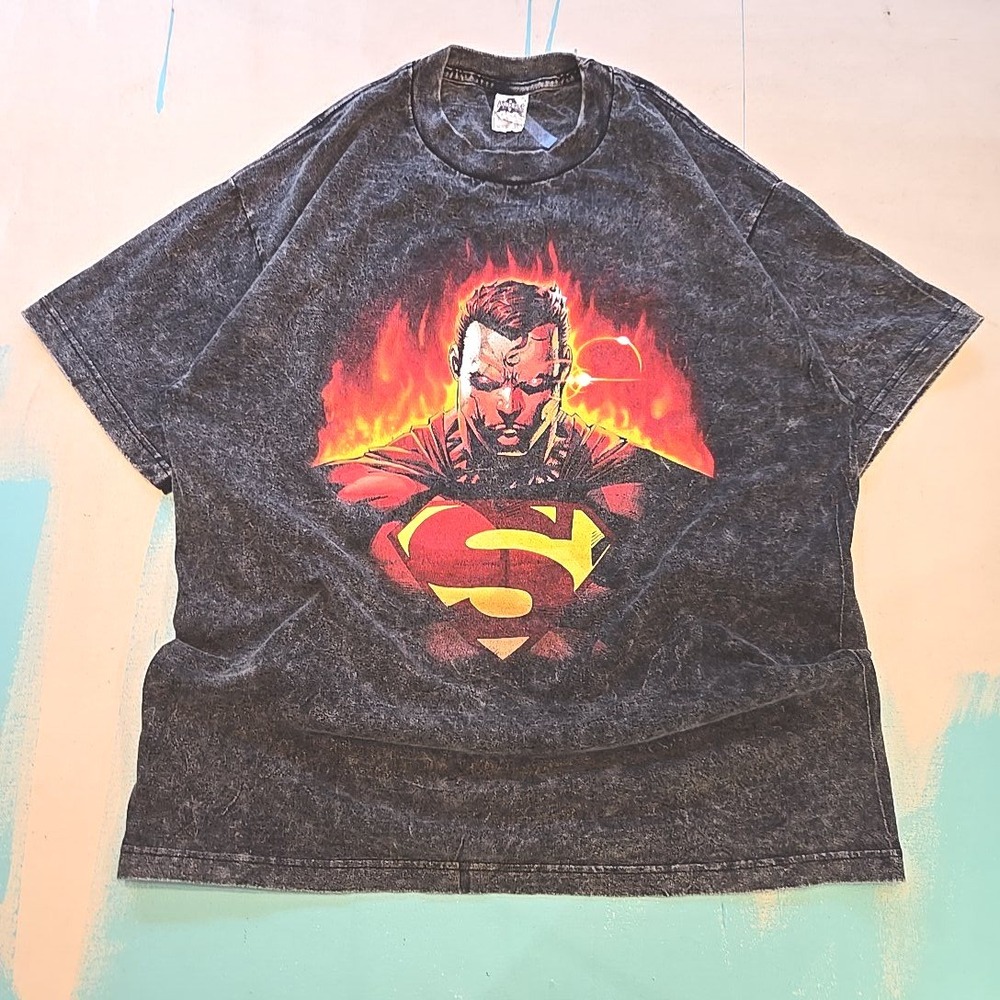 Y2K Superman Fire T-Shirt‎ Alstyle XL Black Stone Wash Flame Comic Dark Grey 80s